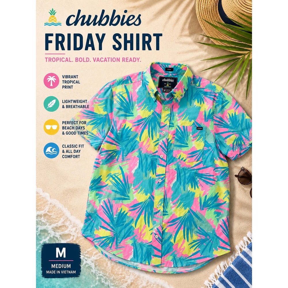 Chubbies‎ Friday Shirt Tropical Palm Print Button Up Shirt Medium Hawaiian Beach